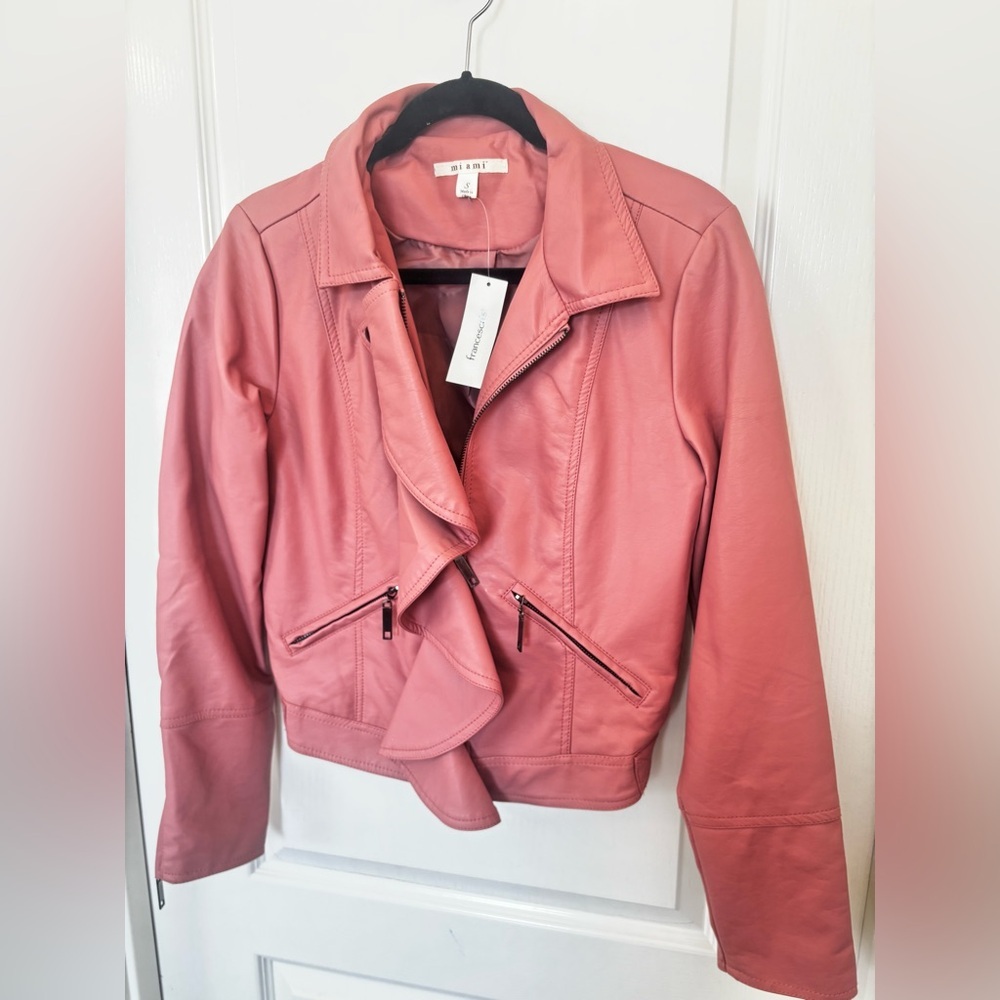 Francesca’s Pink Faux Leather Moto Jacket